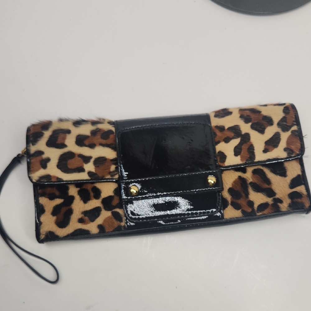 Alfani Leopard Print Wristlet Clutch with Black Patent Accent